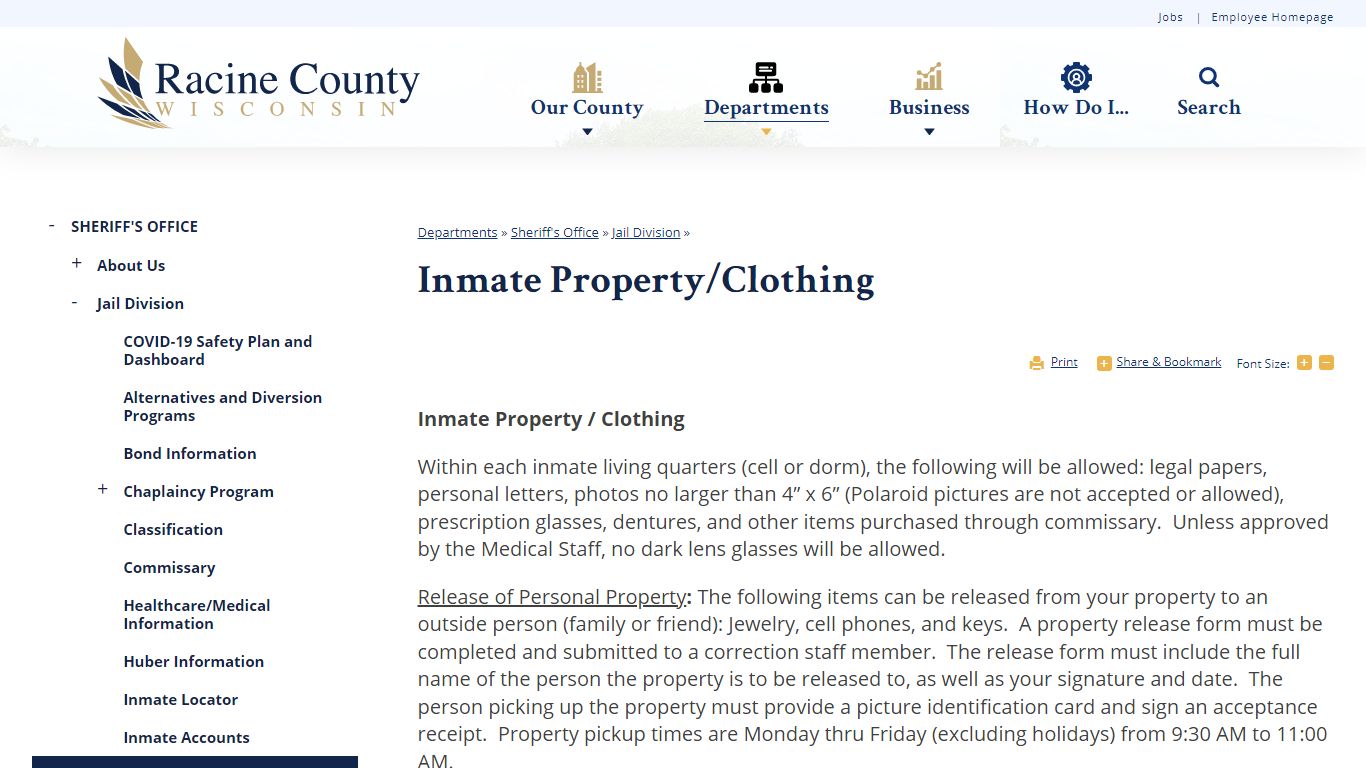 Inmate Property/Clothing | Racine County, WI